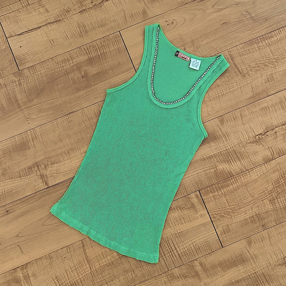 Brand New Vintage Kelly Green Ribbed Rhinestones Racerback Tank Top